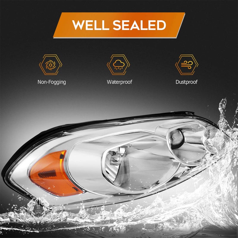 LBRST Headlight Assembly For Chevy Impala 2006-2013 For Chevy Impala Limited 2014-2016 For Chevy Monte Carlo 2006-2007 Chrome Housing Amber Reflector Clear Lens Driver and Passenger Side Headlamp - Image 5